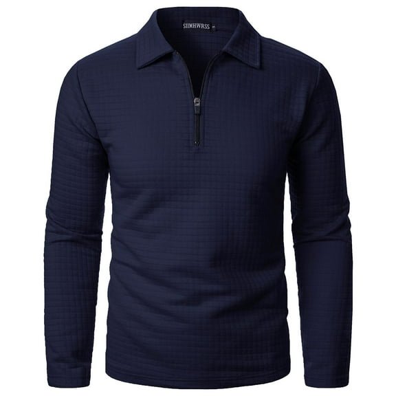 Iugvhana Men Half Zipper Up Pullover Waffle Shirt Slim Fit Tees Blouse Casual Long Sleeve Turndown Collar Shirts Tops Navy XXL