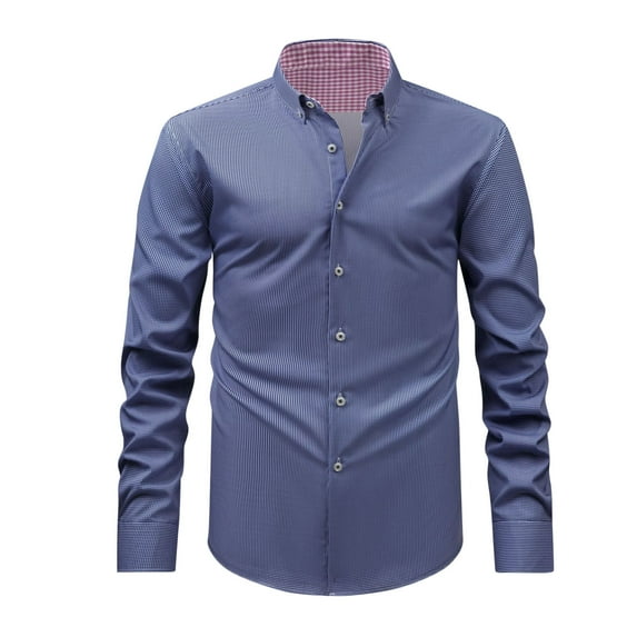 Iugvhana Men Slim Fit Dress Shirt Long Sleeve Button Down Lapel Shirts Tops Business Casual Stripe Plaid Shirts Blue XXL
