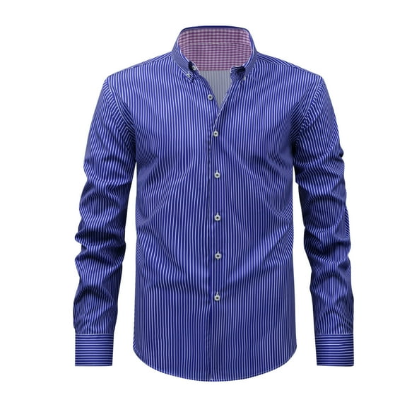 Iugvhana Men Slim Fit Dress Shirt Long Sleeve Button Down Lapel Shirts Tops Business Casual Stripe Plaid Shirts Dark Blue S