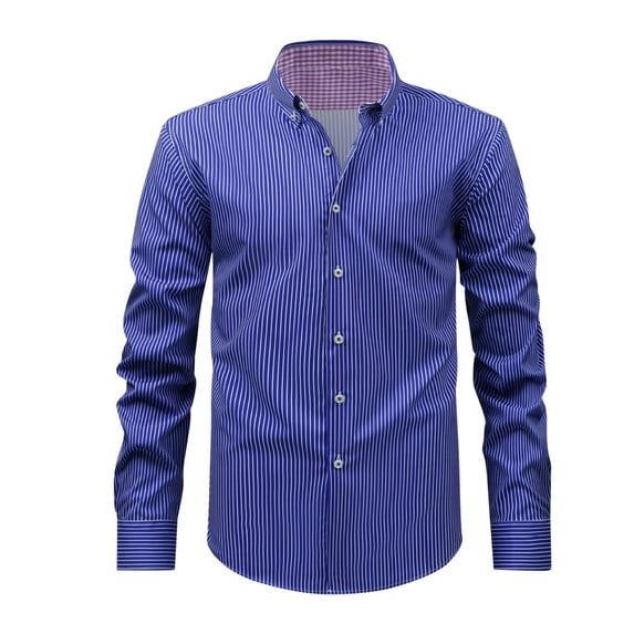 Iugvhana Men Slim Fit Dress Shirt Long Sleeve Button Down Lapel Shirts Tops Business Casual Stripe Plaid Shirts Dark Blue XXXL