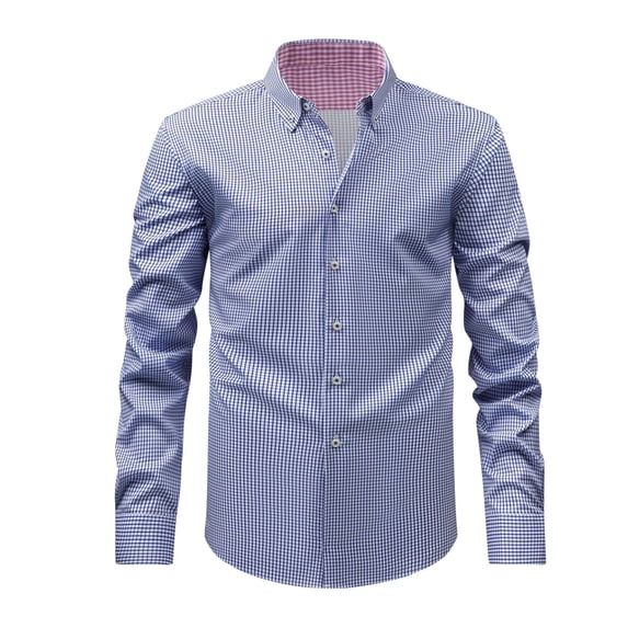Iugvhana Men Slim Fit Dress Shirt Long Sleeve Button Down Lapel Shirts Tops Business Casual Stripe Plaid Shirts Navy S