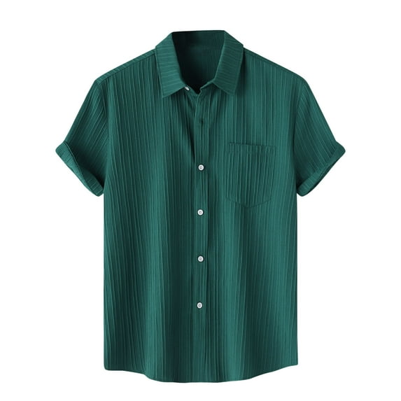 Iugvhana Men's 100% Cotton Shirt Casual Solid Trendy Texture Shirts Short Sleeve Button Down Hawaiian Shirts with Pocket Army Green XL