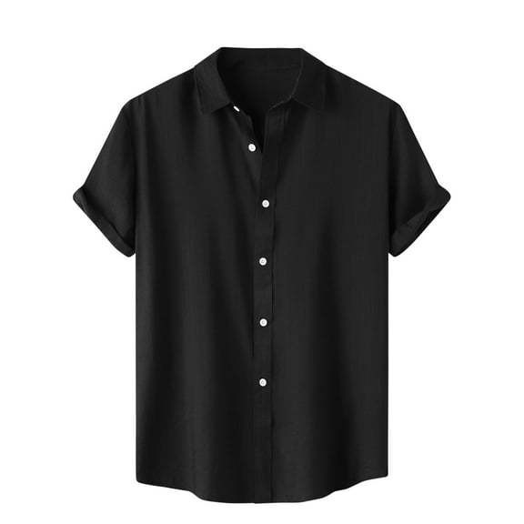 Iugvhana Men's 100% Cotton Shirt Casual Solid Trendy Texture Shirts Short Sleeve Button Down Hawaiian Shirts with Pocket Black#1 L