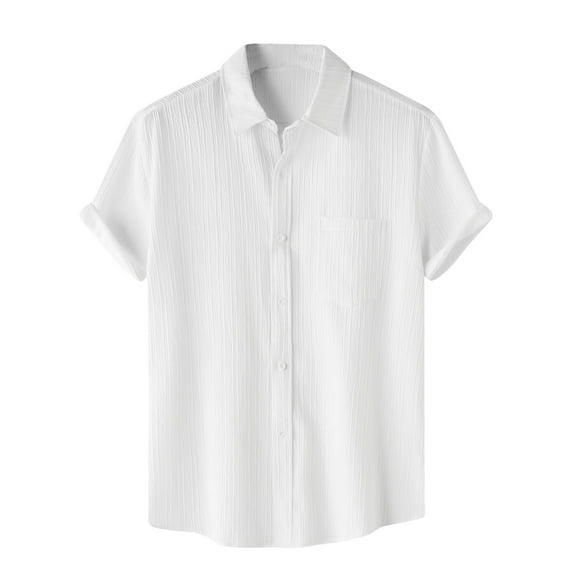 Iugvhana Men's 100% Cotton Shirt Casual Solid Trendy Texture Shirts Short Sleeve Button Down Hawaiian Shirts with Pocket White S