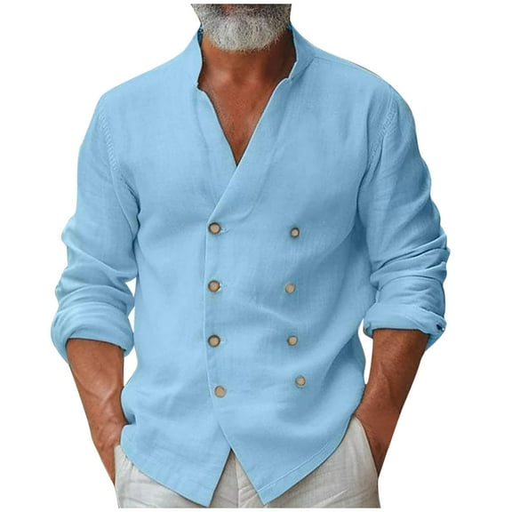 Iugvhana Men's 100%Cottonual Double Breasted Shirts Casual Fashion Solid Color Long Sleeved Stand Up Collar Shirt Top Blue XXL