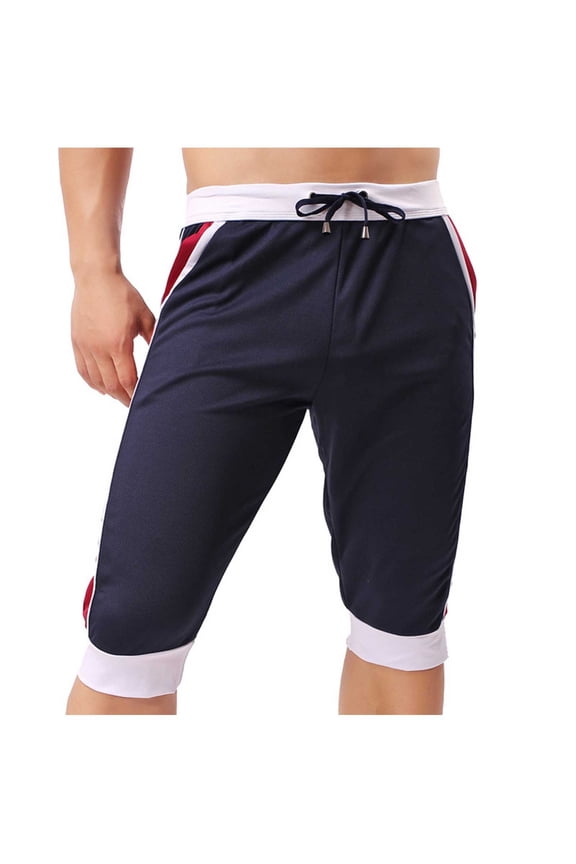 Men's 3/4 Jogger Capri Pants Workout Gym Below Knee Shorts Drawstring Pockets Jogger Sweatpant Capris for Men Blue S