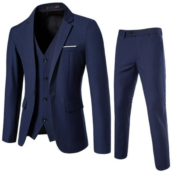 Iugvhana Men's 3 Piece Slim Fit Suit Set, Two Button Blazer Solid Jacket Vest Pants Wedding Business Suit Tuxedo Suits for Men Navy#1 XXL