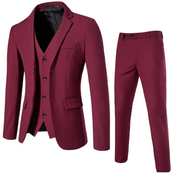Iugvhana Men's 3 Piece Slim Fit Suit Set, Two Button Blazer Solid Jacket Vest Pants Wedding Business Suit Tuxedo Suits for Men Wine M