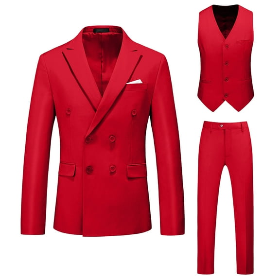 Iugvhana Men's 3 Piece Suits Vest Pants Sets Elegant Solid Double Breasted Slim Fit Tuxedo Suit with Blazer and Pant Set for Business Prom Red XXXXL