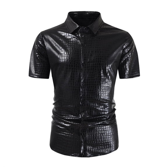 Iugvhana Men's 70s Disco Sequin Shiny Shirts Short Sleeve Button Down Shirt Casual Collar Glitter Party Club Tops Black XL
