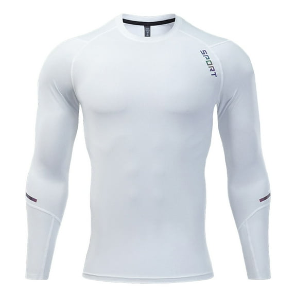 Iugvhana Men's Athletic Compression Shirt Running Shirts Round Neck Casual Pullover Long Sleeve Tees Tops Workout T-Shirts White L