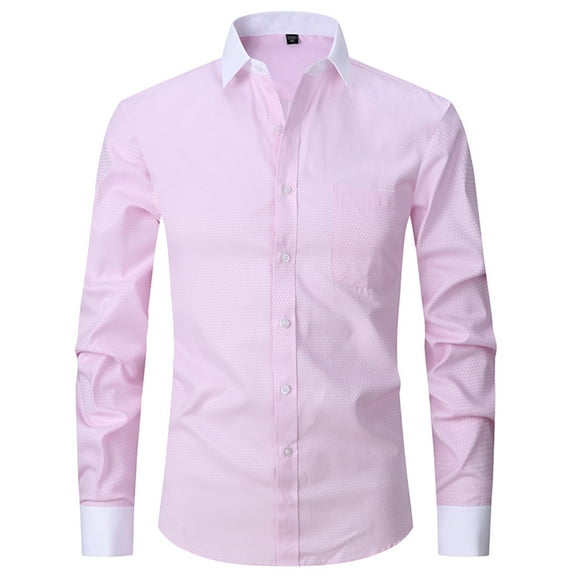 Iugvhana Men's Big and Tall Dress Shirt Leisure Turn-down Collar Button Long Sleeve Shirts Business Formal Work Office Blouse Pink XXXL