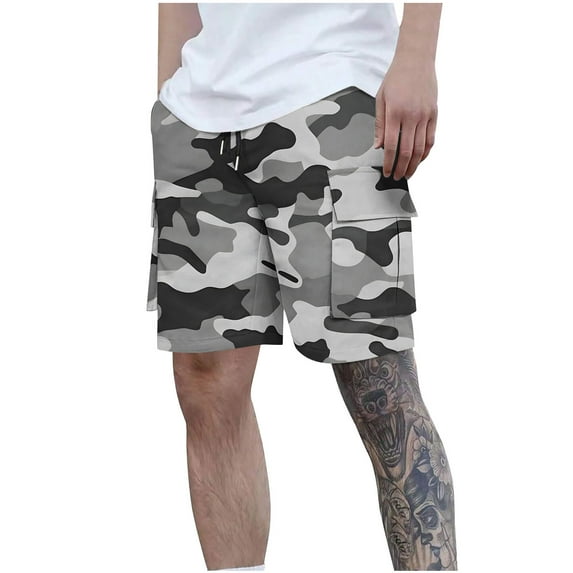 Iugvhana Men's Camouflage Cargo Shorts with Multi Pockets Drawstring Elastic Waist Summer Shorts Cargo Pant Gray XXXL