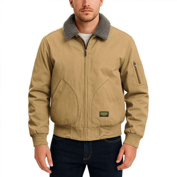 Iugvhana Men's Cargo Jackets Winter Warm Fleece Lined Jacket Lapel Full Zip Long Sleeve Thermal Outdoor Vintage Coat Outwear Khaki M