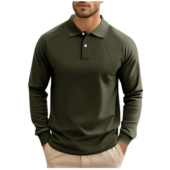 Iugvhana Men's Casual Lapel Sweatshirt Top Regular Fit Solid Long Sleeve Basic 2 Button Shirts Pullover T-Shirt Blouse Army Green M