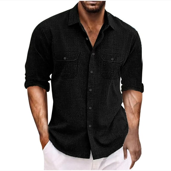 Iugvhana Men's Casual Linen Shirt Long Sleeve Regular-Fit Solid Colour Cotton Lapel Button Down Double Pockets Shirt Tops Black S