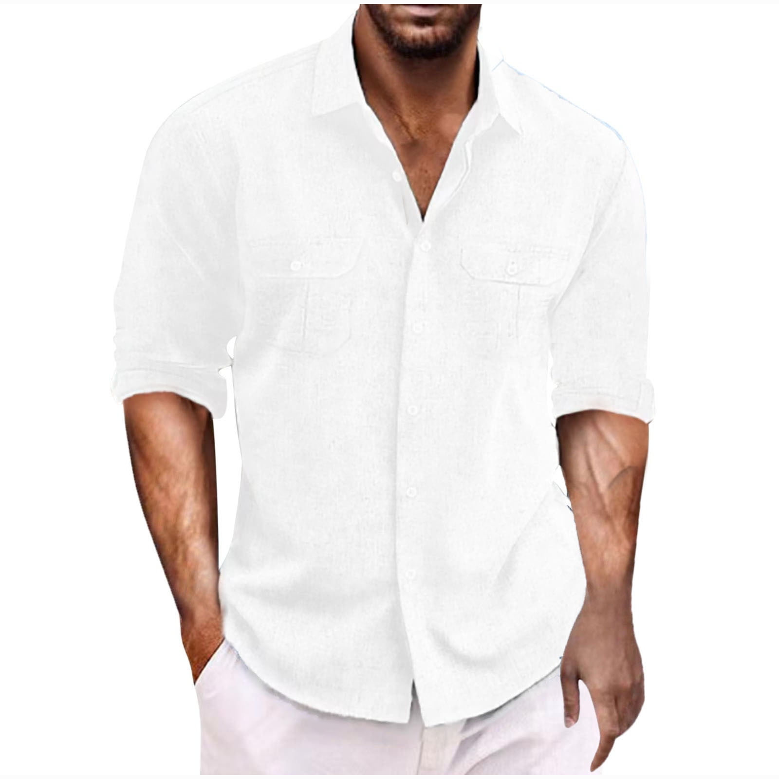 Iugvhana Men's Casual Linen Shirt Long Sleeve Regular-Fit Solid Colour ...