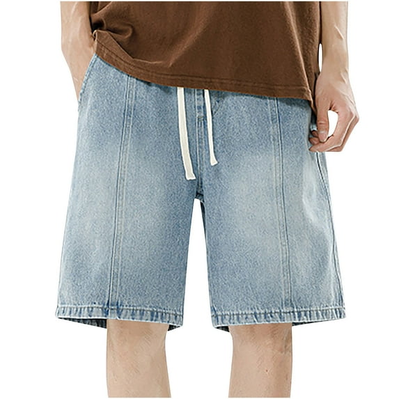 Iugvhana Men's Casual Loose Denim Shorts Baggy Jean Shorts Elastic Drawstring Waist Washed Short Pants Streetwear Light Blue M