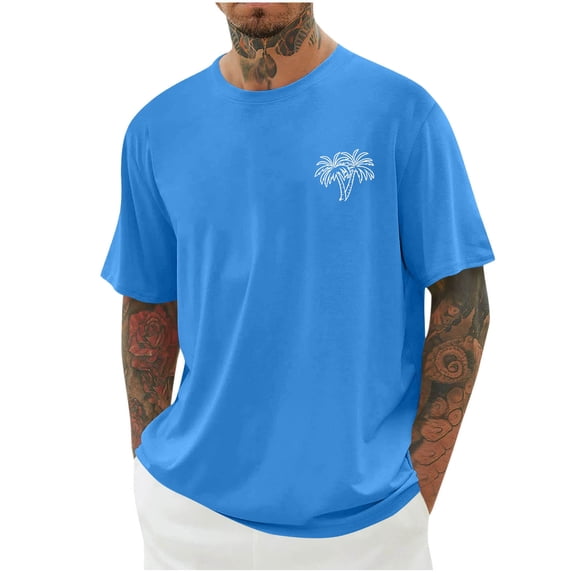 Iugvhana Men's Casual Palm Tree Print T-Shirt Drop Shoulder Short Sleeve Round Neck Shirts Summer Sports Tops Relaxed Blue M