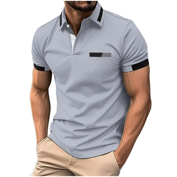 Iugvhana Men's Casual Splice Polo Shirts Short Sleeve with Pocket Buttons Collared Tee Shirt Top Pullovers Gray XXL