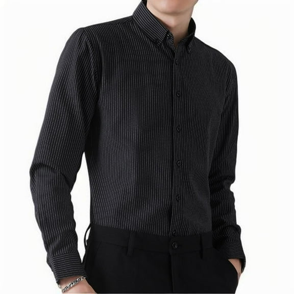Iugvhana Men's Classic Fit Dress Shirt Stretch Slim Lapel Long Sleeve Casual Stripe Shirt Tops Plus Size Button Down Shirt Black XXXL