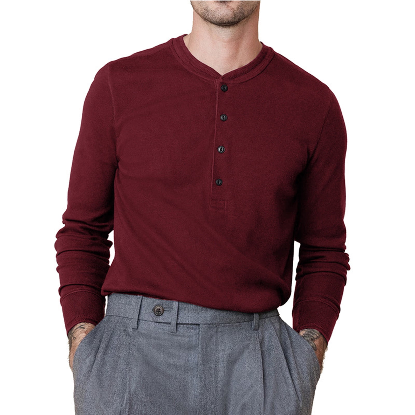 Iugvhana Men's Classic Fit Shirt Long Sleeve Crewneck Half Button