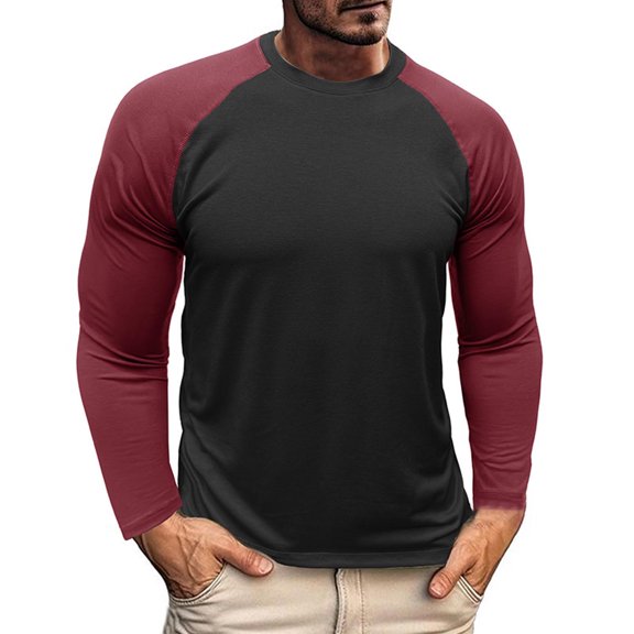 Iugvhana Men's Color Blocking Round Neck Shirt Outdoor Workout Sports Fitness Base Layer T-Shirt Tops Long Sleeve Casual Tees Black S
