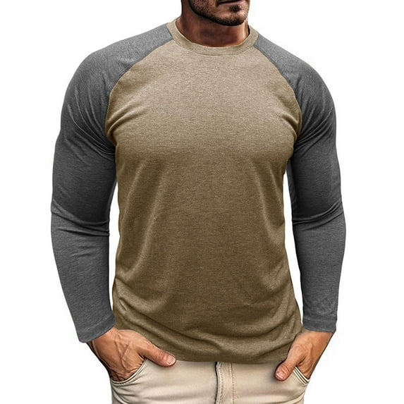 Iugvhana Men's Color Blocking Round Neck Shirt Outdoor Workout Sports Fitness Base Layer T-Shirt Tops Long Sleeve Casual Tees Khaki L
