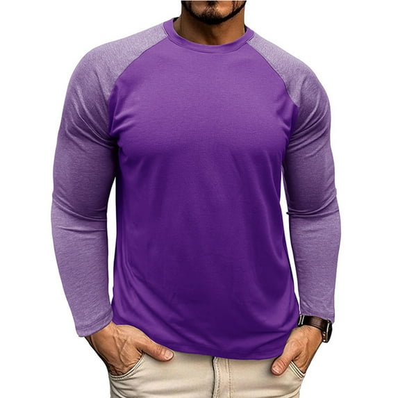 Iugvhana Men's Color Blocking Round Neck Shirt Outdoor Workout Sports Fitness Base Layer T-Shirt Tops Long Sleeve Casual Tees Purple S