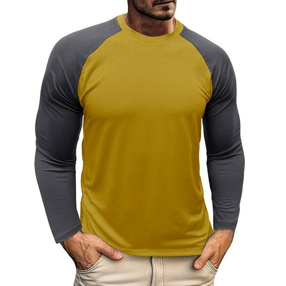 Iugvhana Men's Color Blocking Round Neck Shirt Outdoor Workout Sports Fitness Base Layer T-Shirt Tops Long Sleeve Casual Tees Yellow S