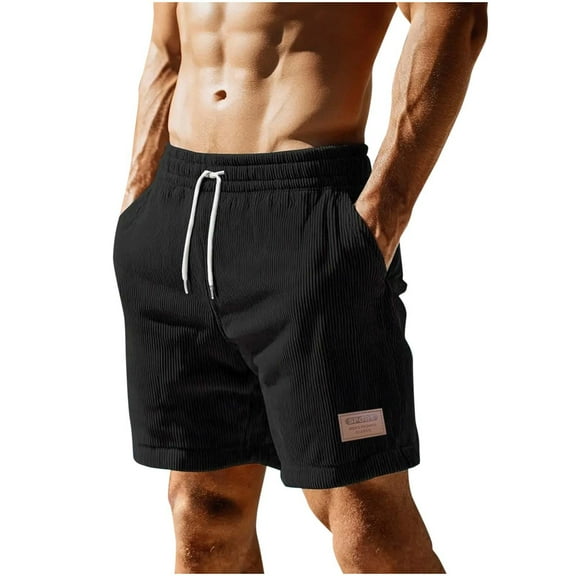 Iugvhana Men's Corduroy Shorts Casual Elastic Waist Drawstring Lightweight Summer Beach Shorts with Pockets Black M