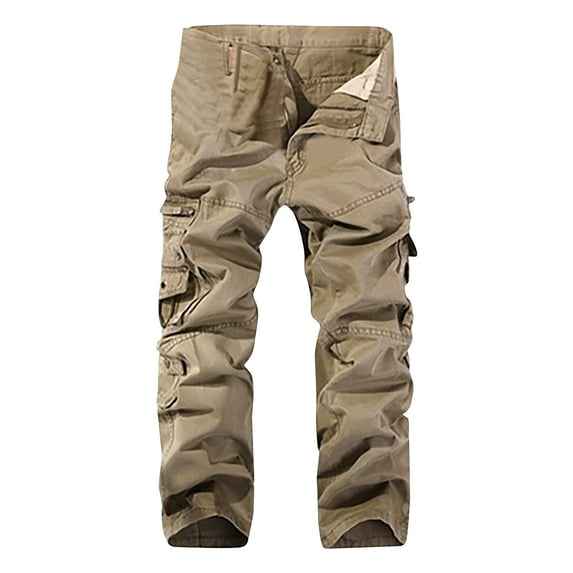 Iugvhana Men's Cotton Cargo Work Pants Big and Tall Loose Baggy Travel Hiking with Multi Pockets Casual Solid Color Outdoor Straight Fit Trousers Khaki XL
