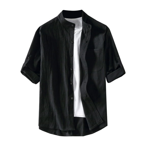Iugvhana Men's Cotton Linen Button Down Shirt Casual Short Sleeve Round Neck Solid Color Regular Fit Shirts Breathable T-Shirts Black L