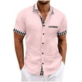 thumbnail image 1 of Iugvhana Men's Cotton Linen Button Down Shirt Casual Splice Plaid Pocket Short Sleeve Shirts Lapel Summer Beach Shirt Pink S, 1 of 7