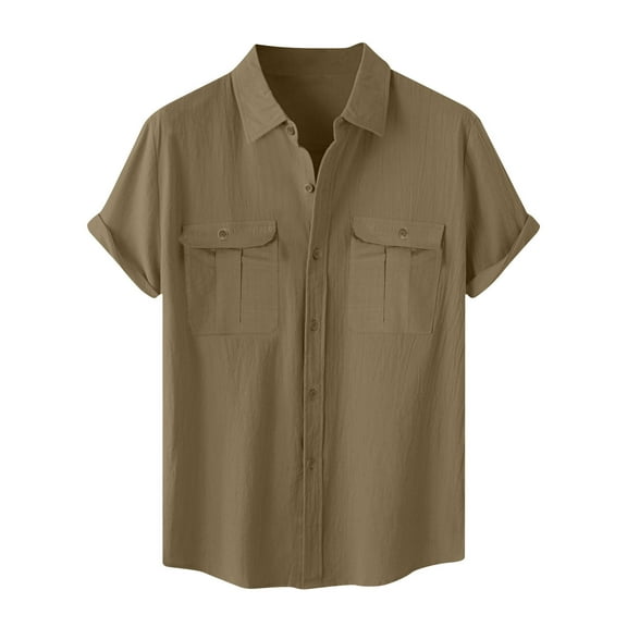 Iugvhana Men's Cotton Linen Short Sleeve Shirts Casual Lightweight Button Down Shirts Summer Tops with Chest Pockets Coffee XXXXL