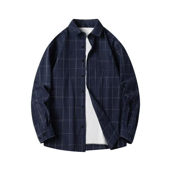 Iugvhana Men's Cotton Plaid Button Down Shirt Casual Long Sleeve Trundown Collar Pocket Shirts Tops Relaxed Fit Blouse Navy XXL