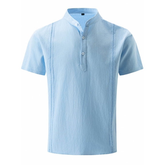 Iugvhana Men's Cotton and Linen Shirt Quick Dry Moisture Wicking Short Sleeve Buttons Stand Collar Shirts for Casual Light Blue XL