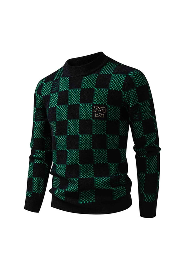 Men's Crewneck Sweaters Slim Fit Plaid Pattern Long Sleeve Knit Casual Trendy Warm Pullover Sweater Tops Green L