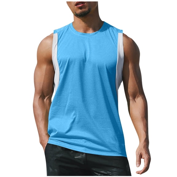Iugvhana Men's Cut Off Stringer Tank Tops Sleeveless Crew Neck T Shirts Casual Classic Summer Shirts Workout Muscle Tees Sky Blue XXL
