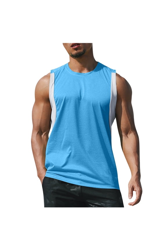Men's Cut Off Stringer Tank Tops Sleeveless Crew Neck T Shirts Casual Classic Summer Shirts Workout Muscle Tees Sky Blue XXL