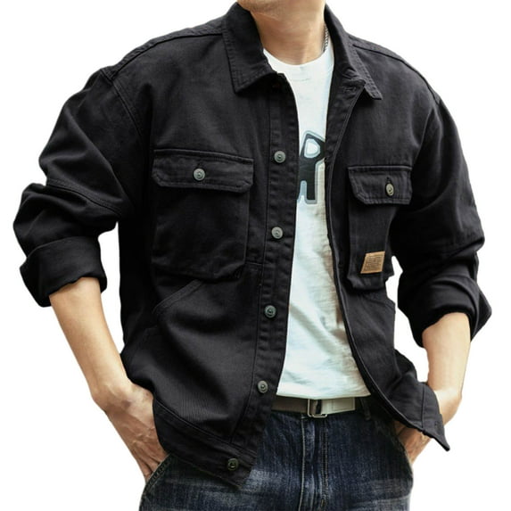 Iugvhana Men's Denim Jacket Button Down Long Sleeve Trucker Jackets Cotton Casual Vintage Lapel Collar Jean Jacket Black L