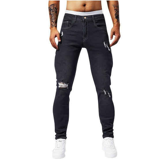 Iugvhana Men's Distressed Ripped Jeans Slim Fit Retro Washed Pocket Tapered Leg Jean Pants Skinny Stretch Denim Pants Casual Streetwear Black 32