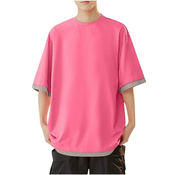 Iugvhana Men's Fake Two Crewneck Short Sleeve T-shirt Big and Tall Loose Fit Casual Summer T-Shirt Top Fallow Base Shirt Pink XL