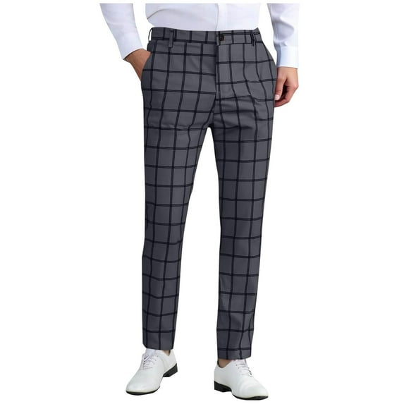Iugvhana Men's Fashion Plaid Stretch Dress Pants Slim Fit Casual Formal Pants Skinny Business Golf Dress Pants Dark Gray XXXL