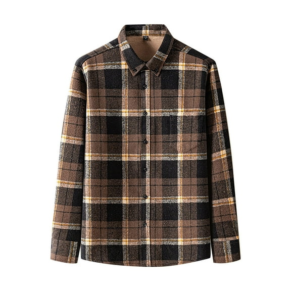 Iugvhana Men's Fleece Lined Warm Flannel Plaid Shirt Winter Long Sleeve Button Down Shirt with Collared Big and Tall Shirts Coffee L