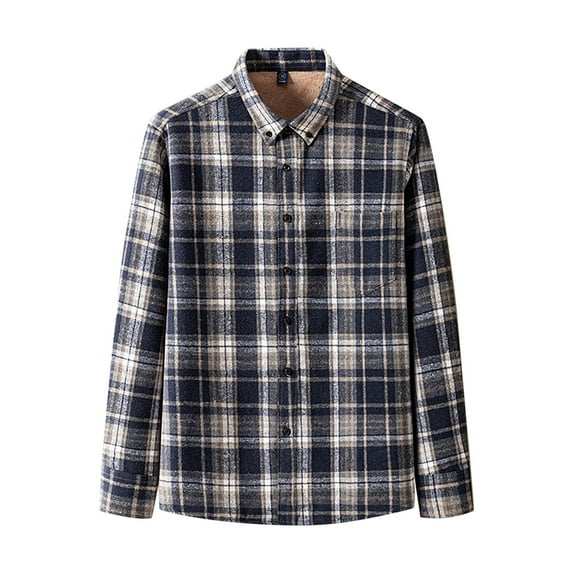 Iugvhana Men's Fleece Lined Warm Flannel Plaid Shirt Winter Long Sleeve Button Down Shirt with Collared Big and Tall Shirts Dark Blue L
