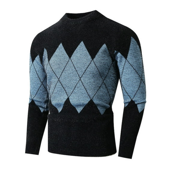 Iugvhana Men's Fleece Mock Turtleneck Sweater Slim Fit Casual Argyle Patterned Knitted Pullover Sweaters Warm Winter Tops Blue XXL