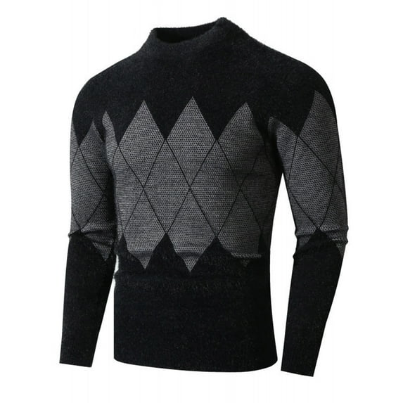 Iugvhana Men's Fleece Mock Turtleneck Sweater Slim Fit Casual Argyle Patterned Knitted Pullover Sweaters Warm Winter Tops Gray M