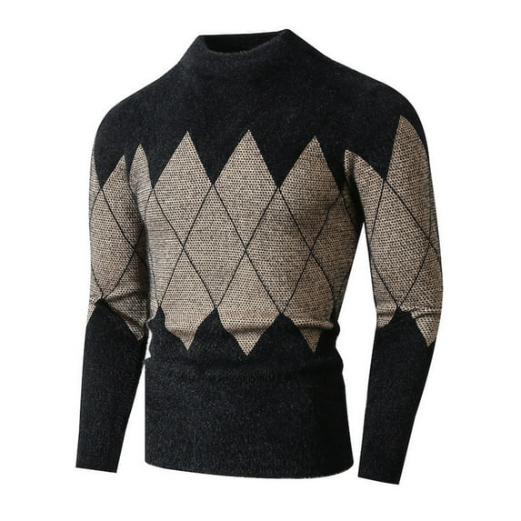 Iugvhana Men's Fleece Mock Turtleneck Sweater Slim Fit Casual Argyle Patterned Knitted Pullover Sweaters Warm Winter Tops Khaki XXL