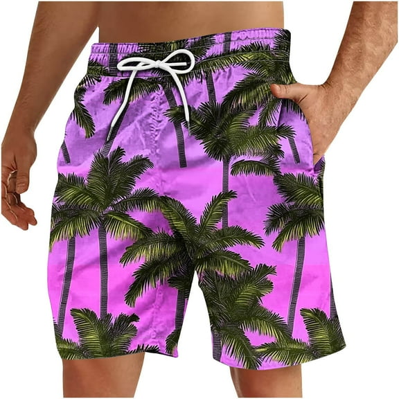 Iugvhana Men's Floral Print Swim Trunks Hawaiian Bathing Big and Tall Loose Suit Swimsuits Beach Shorts with Pockets Purple S
